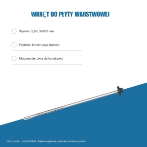Wkręt do płyty warstwowej Info-GLOBAL AR12 W CSG 5,5/6,3×200 mm, kolory RAL, 100 szt.